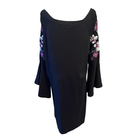 INC Women's Black Embroidered Jeweled Bell Sleeve Dress Purple Floral. Size L-XL - Picture 2 of 7